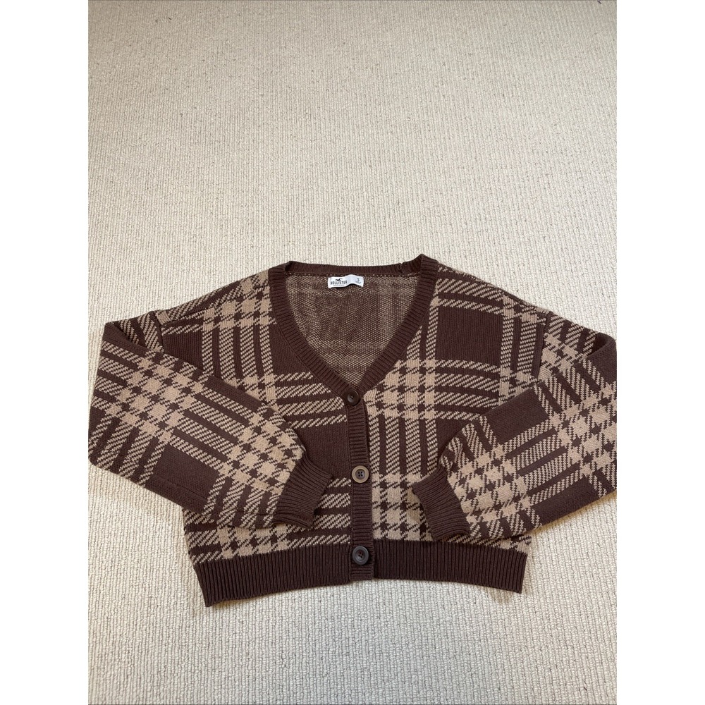Hollister Womens Small Crop Cardigan Button Up Vneck Houndstooth Boxy Brown